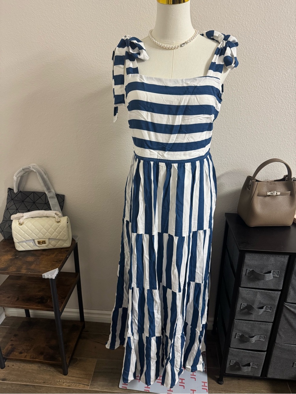 #89 Pretty Garden Striped Blue and White Tie-Shoulder Maxi Dress - Picture 5 of 8